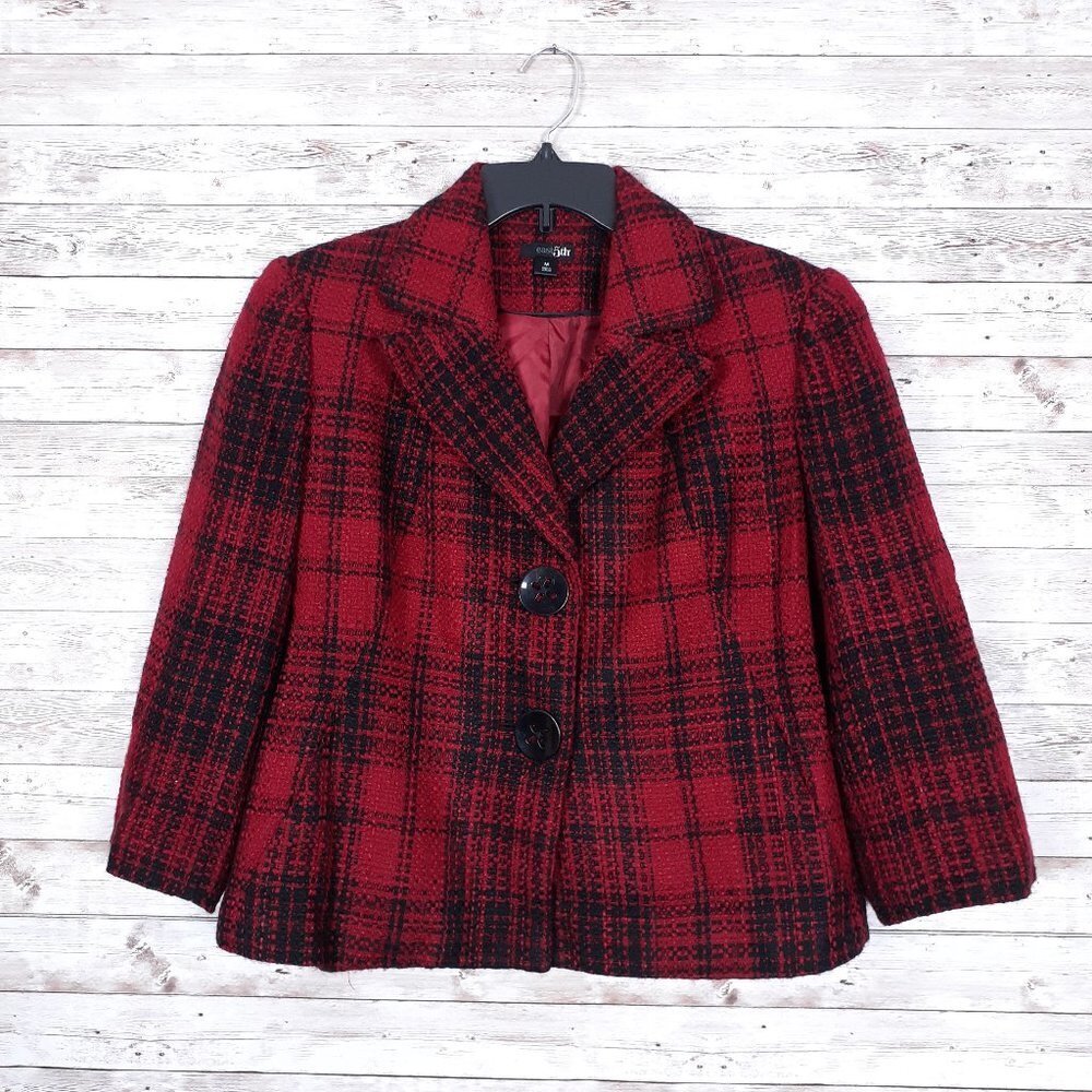 East 5th Womens Tweed Blazer M Tartan Plaid Red Black 229A